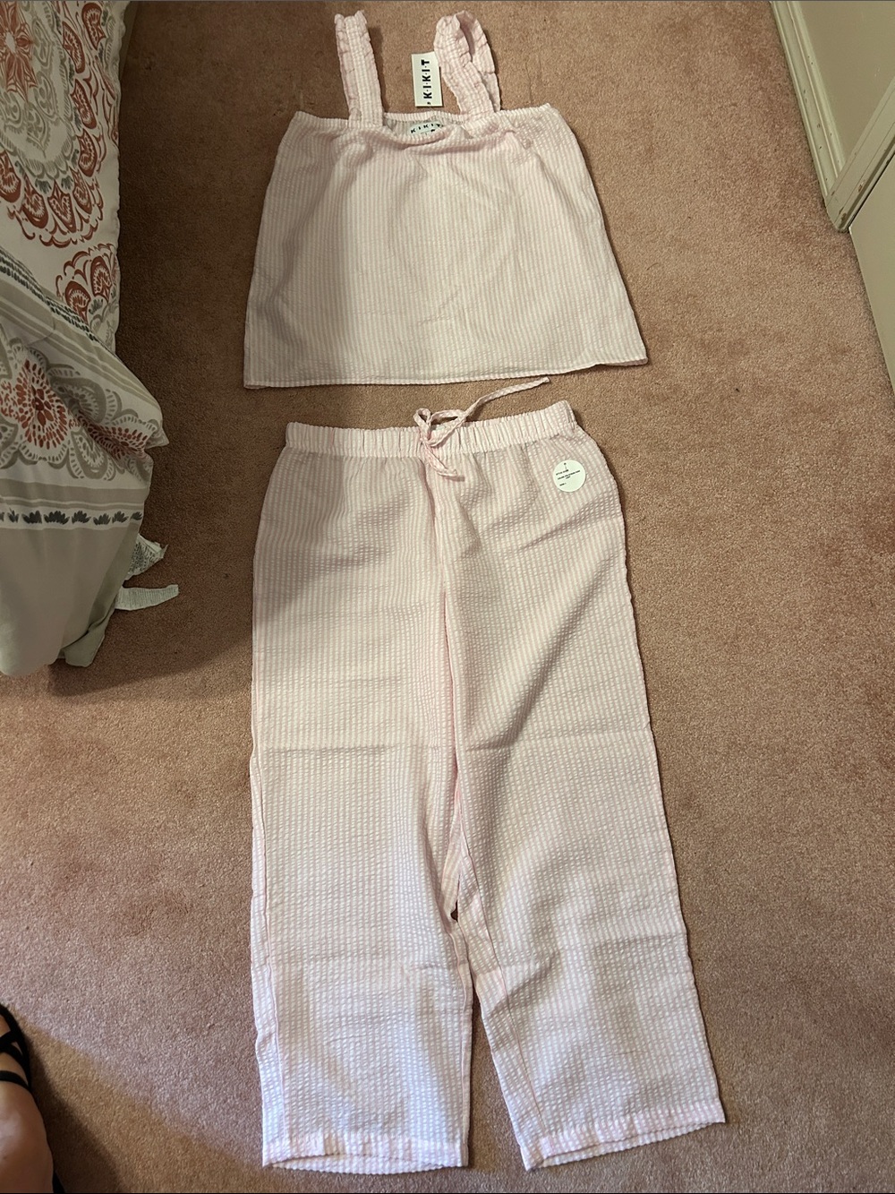 Waffle-Knit Pajama Set in Light Pink – Tank & Drawstring Pants